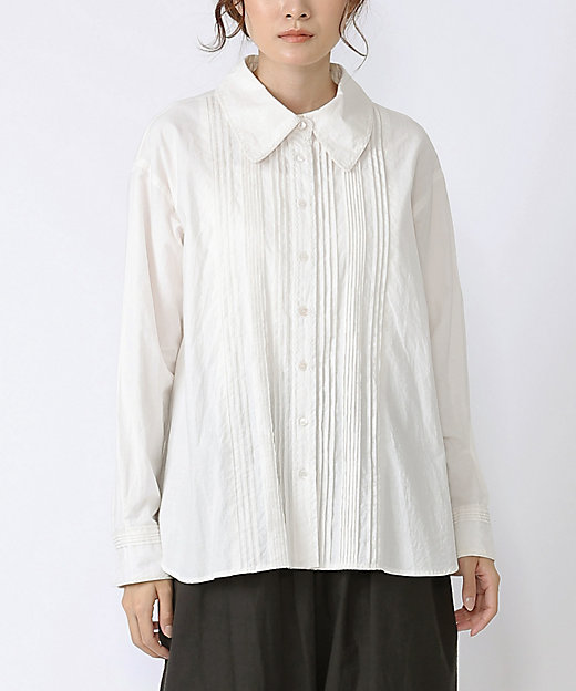 ジュマブラウス・白 ピンタックと手刺繍のロングスリーブブラウス