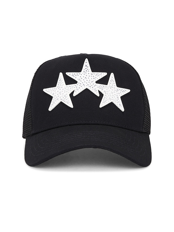 Amiri Crystal 3 Star Trucker Hat in Black & White in Black White