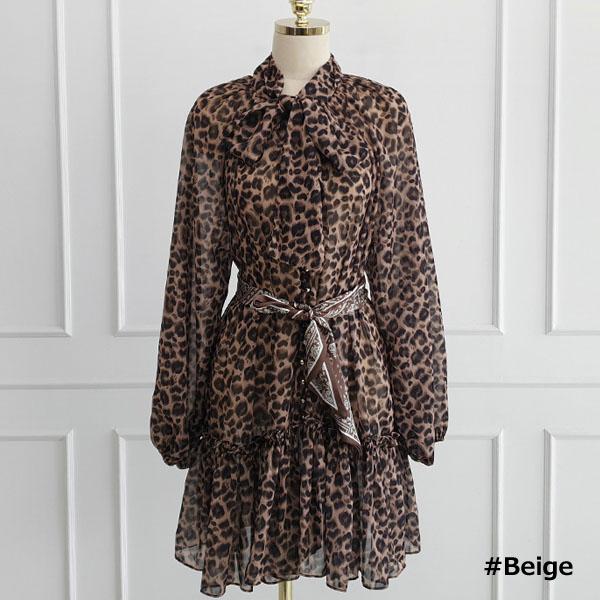 ワンピース レディース 長袖 フレア フリル レオパード ヒョウ柄 ミニ