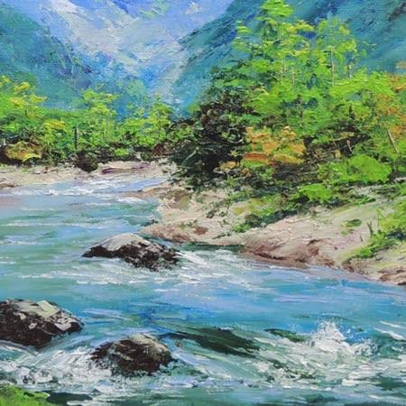 絵画 油絵 清流梓川 （西村拡人） 【海・山】【肉筆】【油絵】【6号