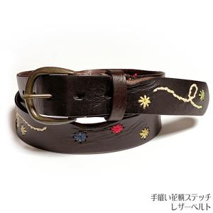 メンズセレクト 手縫い花柄ステッチ レザーベルト (ブラウン