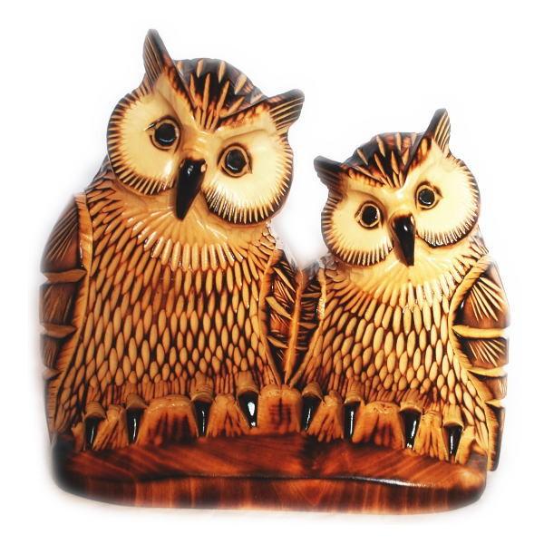 木彫りのふくろうの置物 焼き 台付 夫婦 6号 彫刻 インテリア