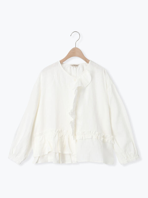 立川店/EC限定】リネン前開きフリルブラウス（オフホワイト/ブラック