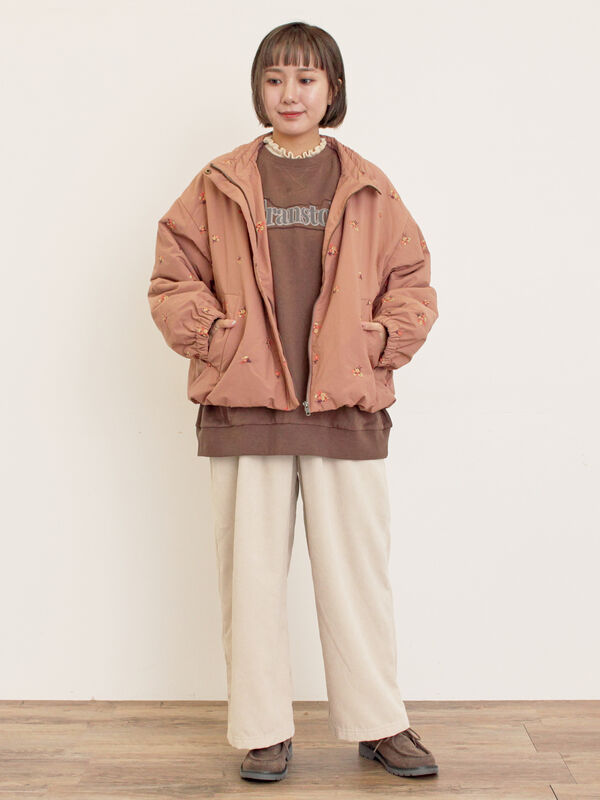 セール】 小花総刺繍中綿ジャケット（ブラック/オレンジ/キナリ