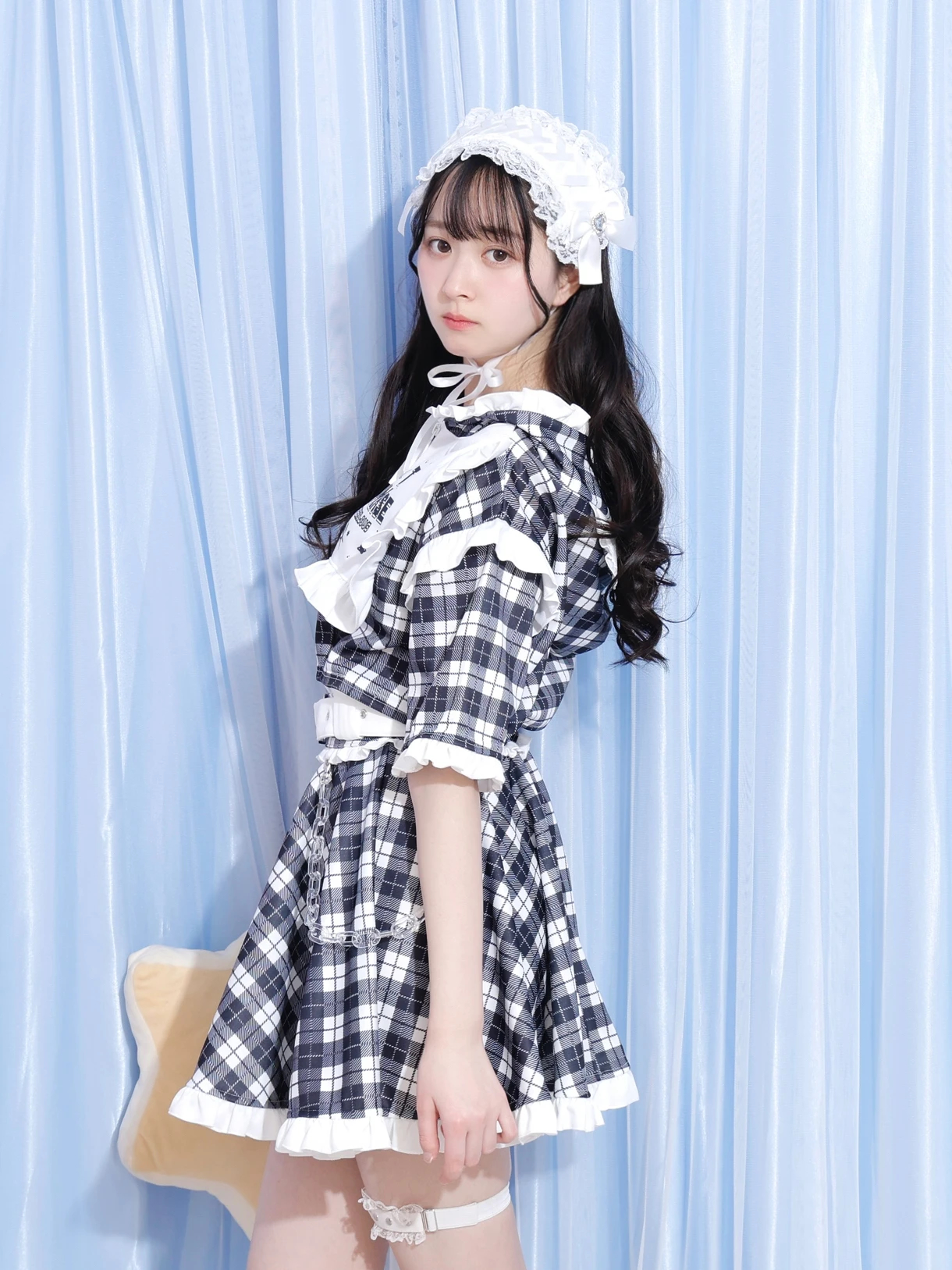 チェックフリルジャージスカパン（ミニスカート｜黒・サックス・ピンク