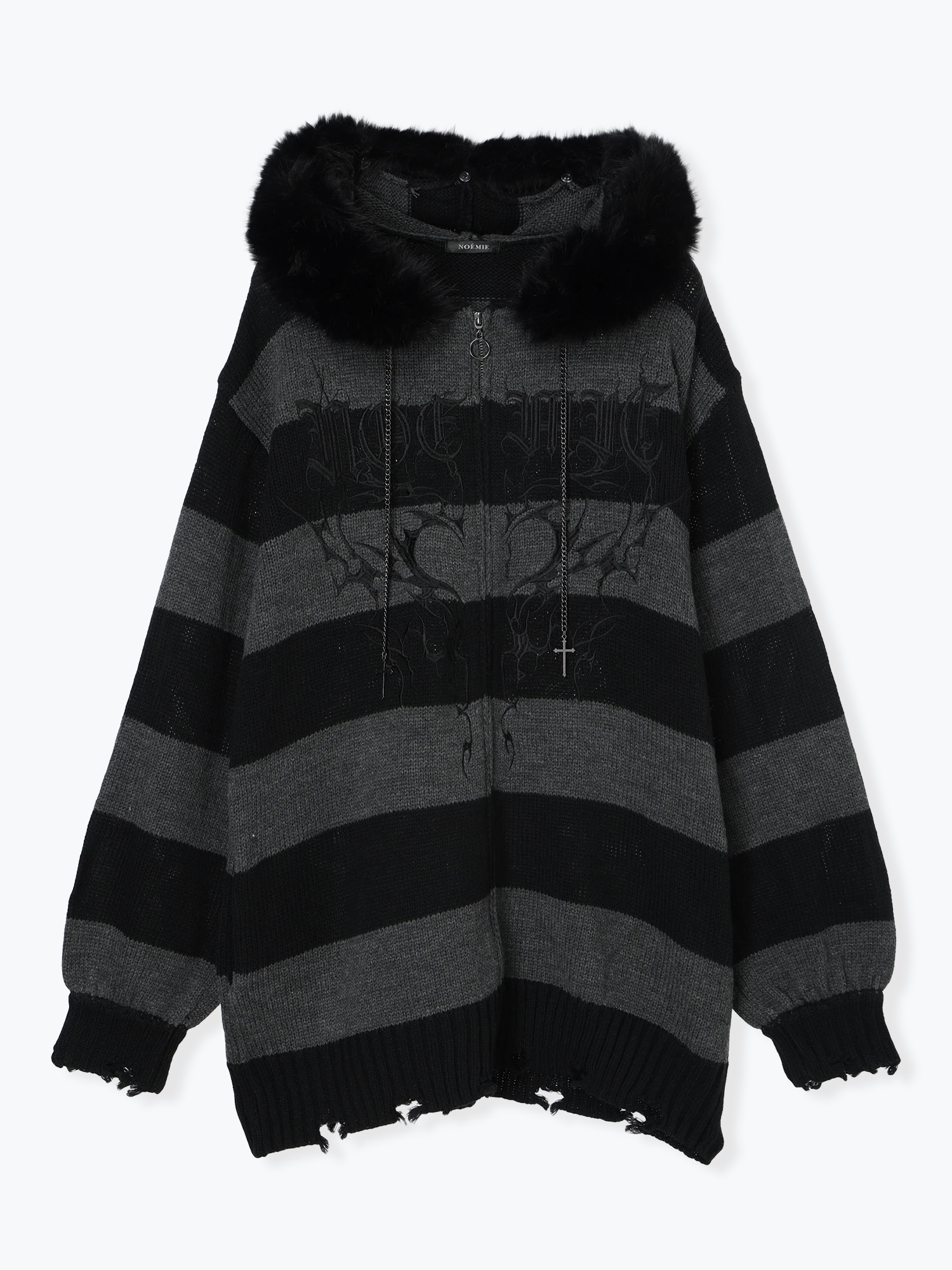 フードファーダメージユニセックスニットZIPパーカー（パーカー｜紫