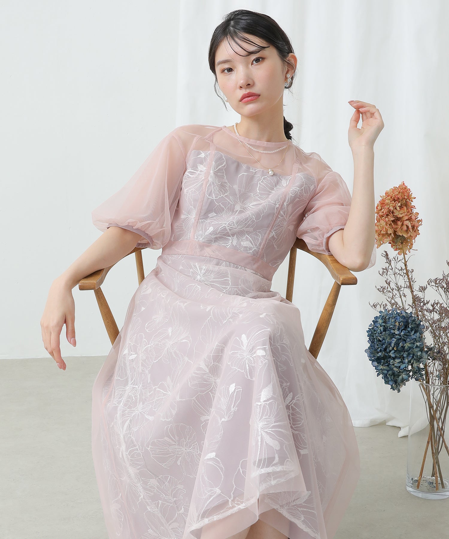 シアー フラワー刺繍 ワンピース パーティー ドレス