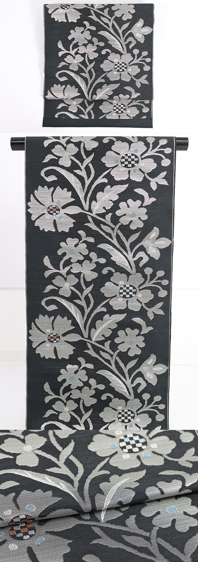 西陣織 九寸名古屋帯 花モチーフ柄 黒 お仕立付き