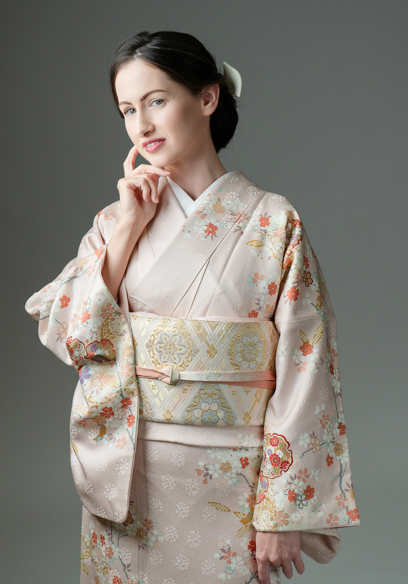 高級訪問着レンタル】h-63 ピンク・桜と雪輪 MLサイズ 桜・雪輪