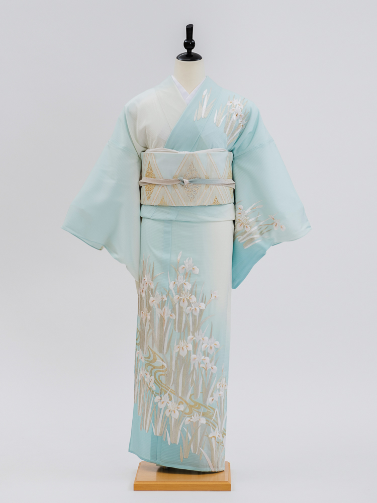 盛夏・絽・高級訪問着レンタル】n-34 盛夏 水色 白 Lサイズ 菖蒲 総