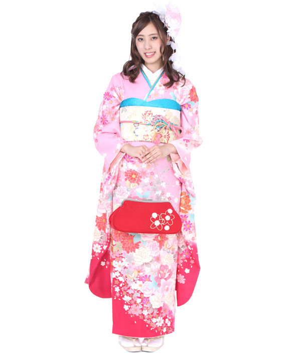 振袖レンタル｜ピンクに牡丹薔薇蝶｜F0228｜M｜宅配着物レンタル・一式