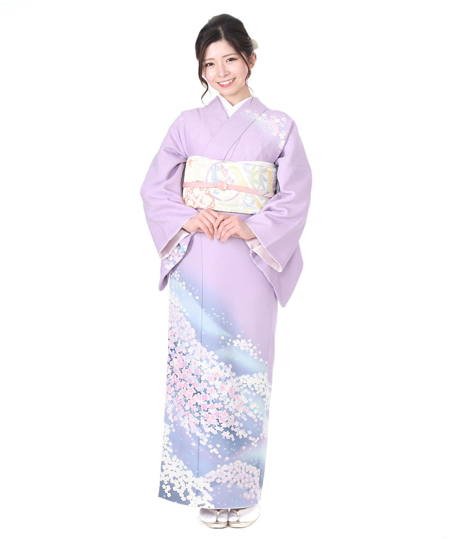 訪問着レンタル｜薄い紫に紺色ぼかし桜小花｜H0119｜L｜宅配着物
