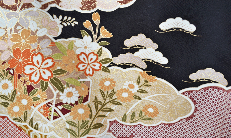 訪問着「黒地雲取り鹿の子絞り模様」｜着物レンタルあき (来店着付け