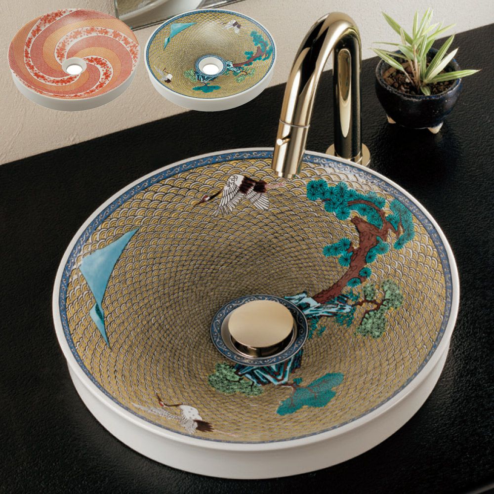 カクダイ 493-224 九谷焼 丸型手洗器 φ330×H70 半埋め設置 磁器製