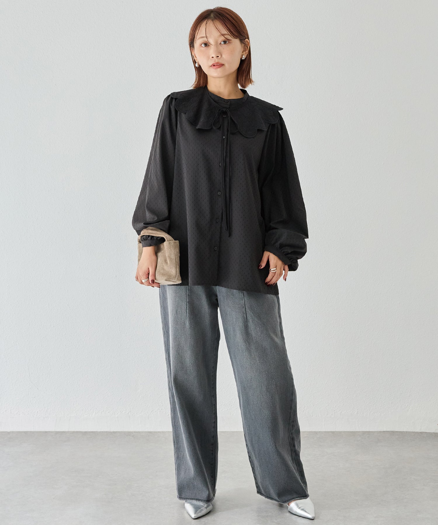 レース付け衿ドビーブラウス | ラビアンジェ-⼤きいサイズのレディース服