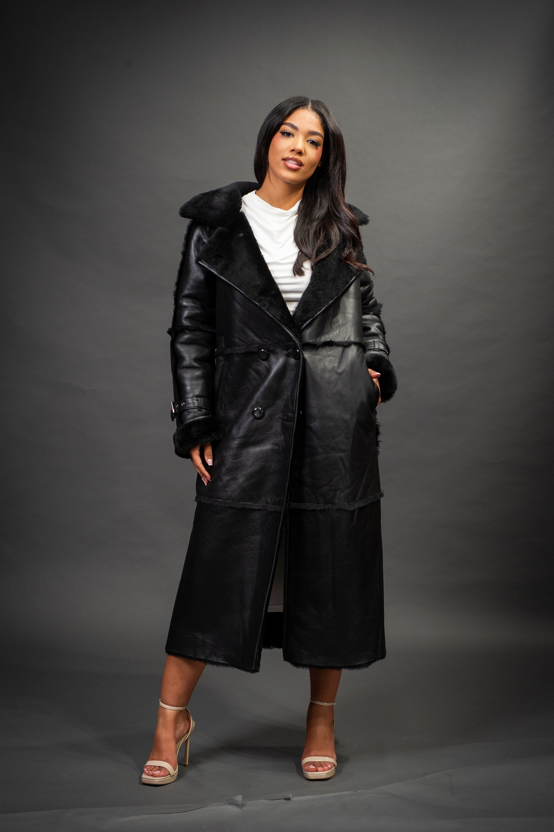 Women's Trinity Full Length Real Sheepskin Trench Coat [Black