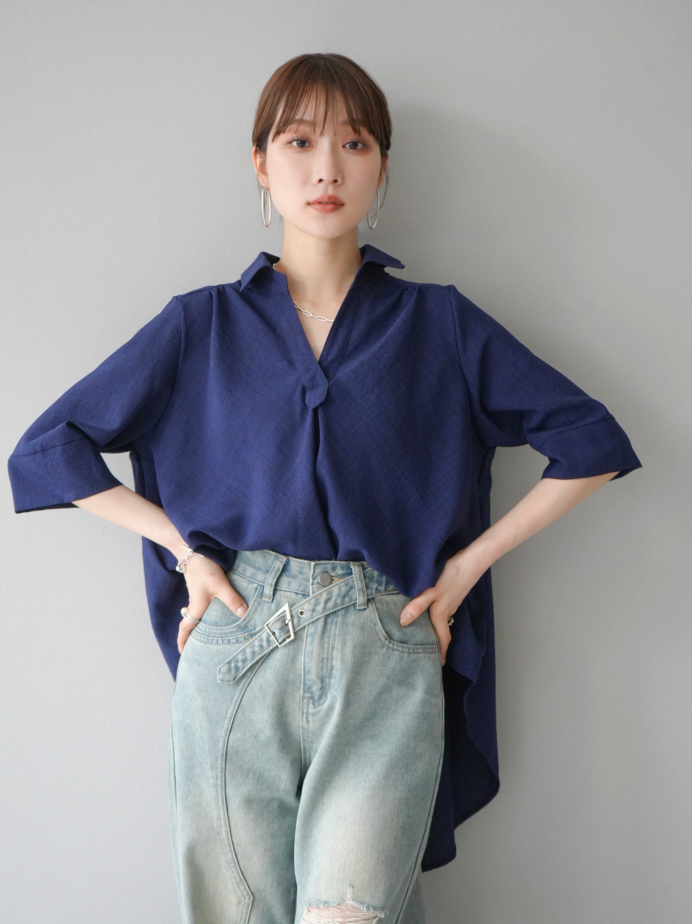 予約]リネンタッチハーフスリーブスキッパーシャツ/ネイビー – Lumier