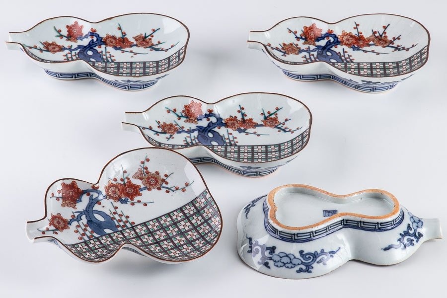 九谷焼】 古九谷 瓢形梅文銘々皿 5客セット 江戸時代 14288 | すべての