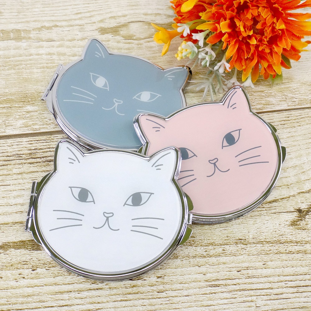 コンパクトミラー 落とし付き ネコ型 68×75mm シルバー｜パーツ材料の
