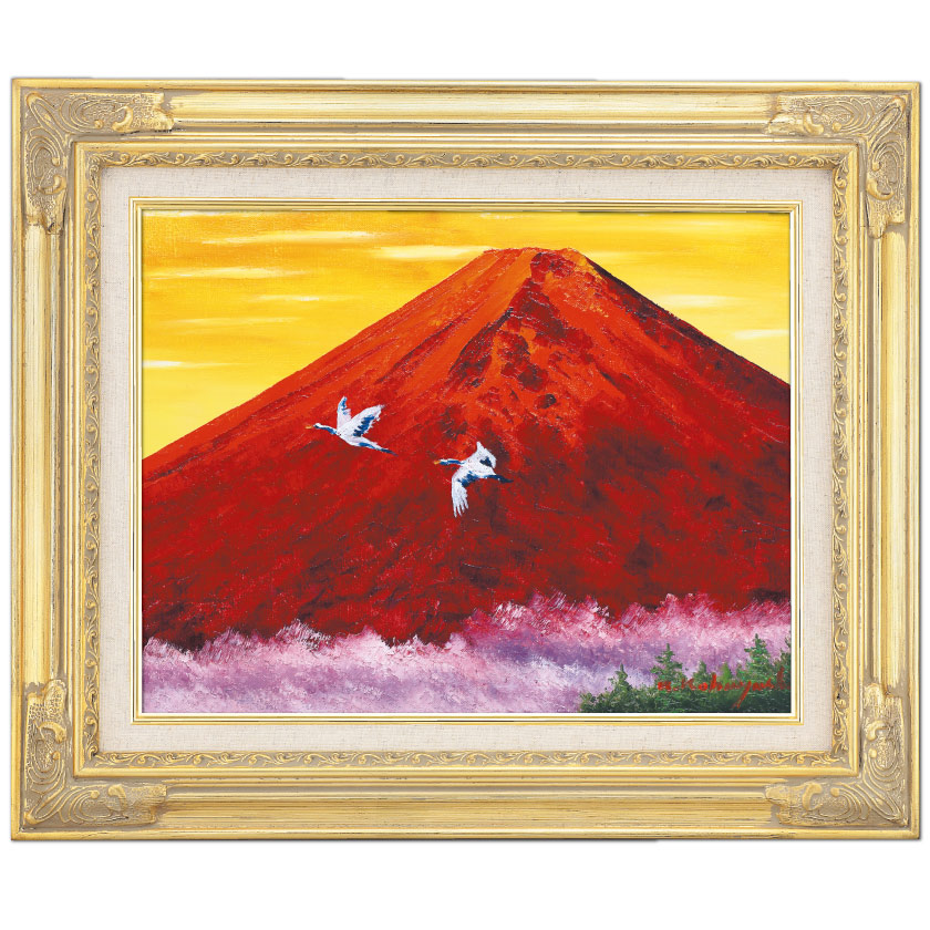 肉筆油彩画 「赤富士（鶴）」 小林 幸三 F10号 美術品 油絵 インテリア