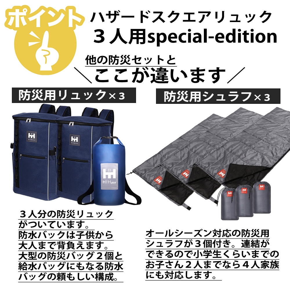 リュック＆シュラフ(寝袋)3個付き】防災セット 3人用 防災グッズ