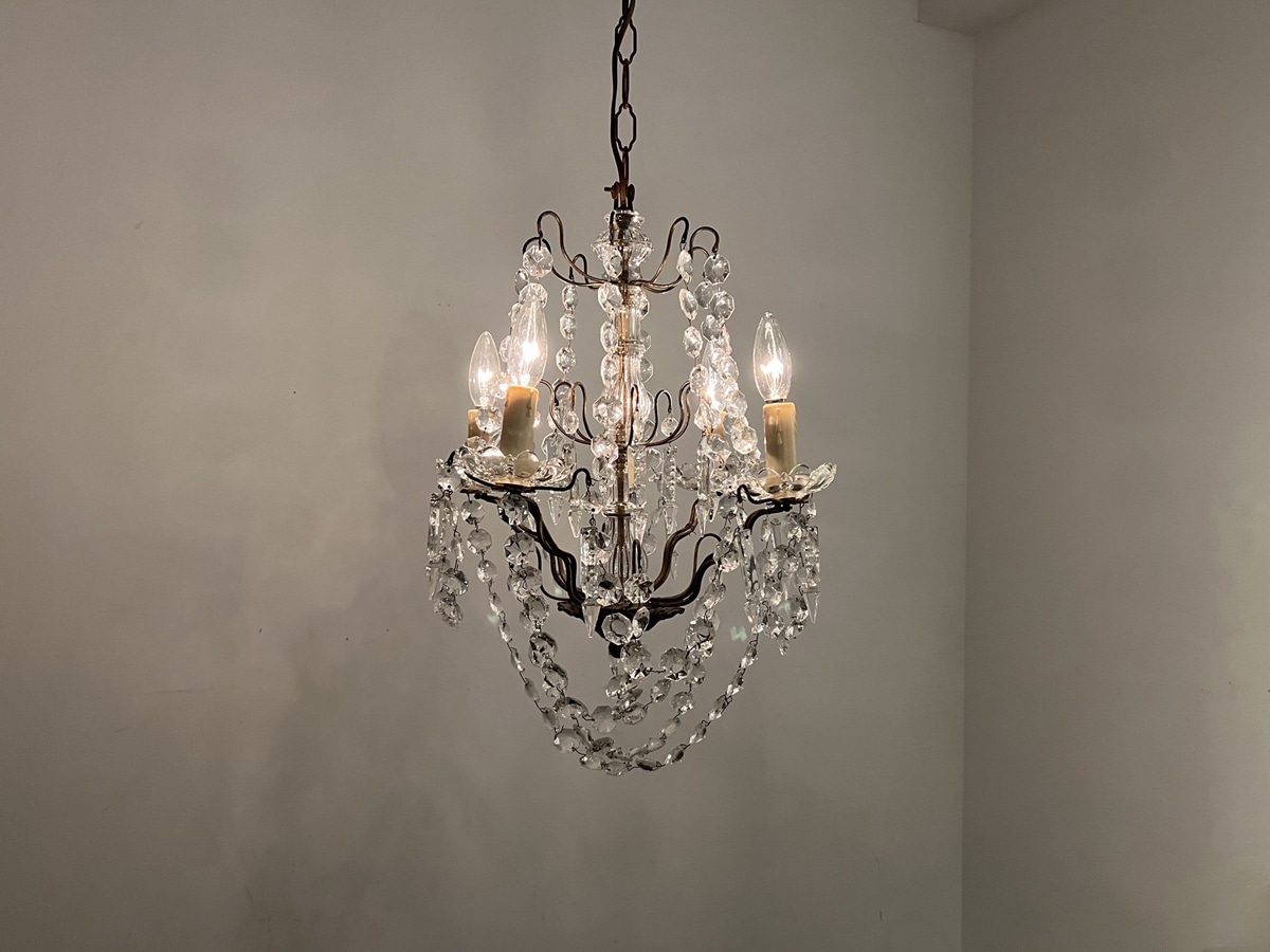 フランス アンティーク クリスタルドロップシャンデリア 4灯 6853