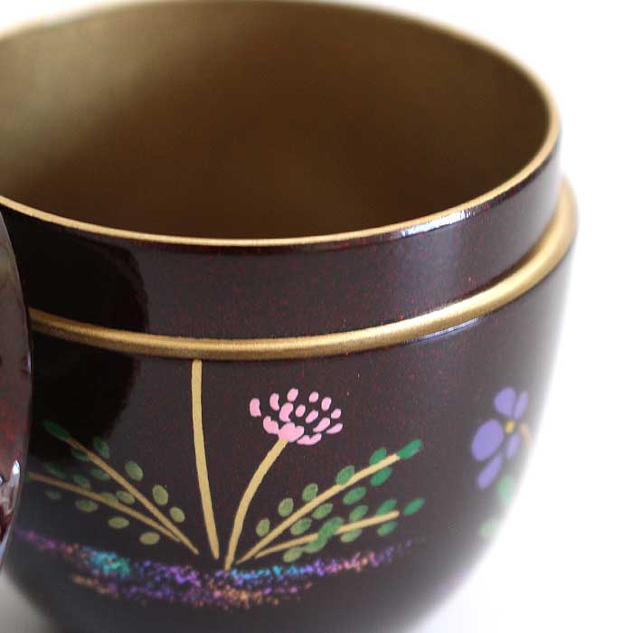 茶道具 棗 東雲 溜塗 中棗 春草蒔絵 ( 内梨子地 )