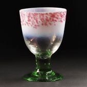 大正時代 三色赤縁 乳白水玉模様 青足 碗形氷コップ