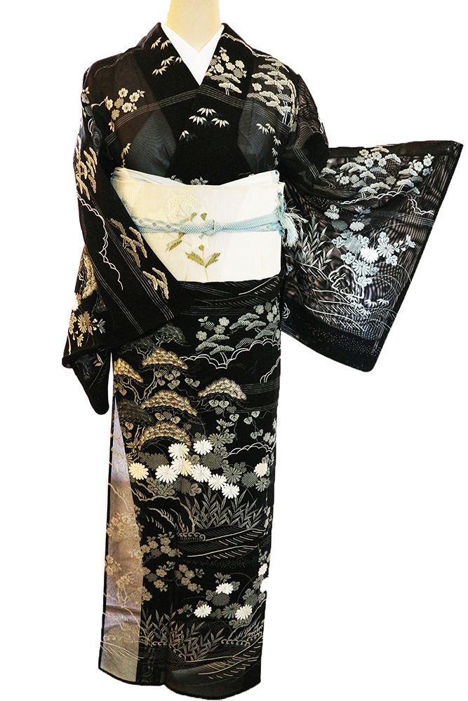 正絹夏訪問着 レンタルフルセット「銀彩総柄 流水に松菊」 | すべての