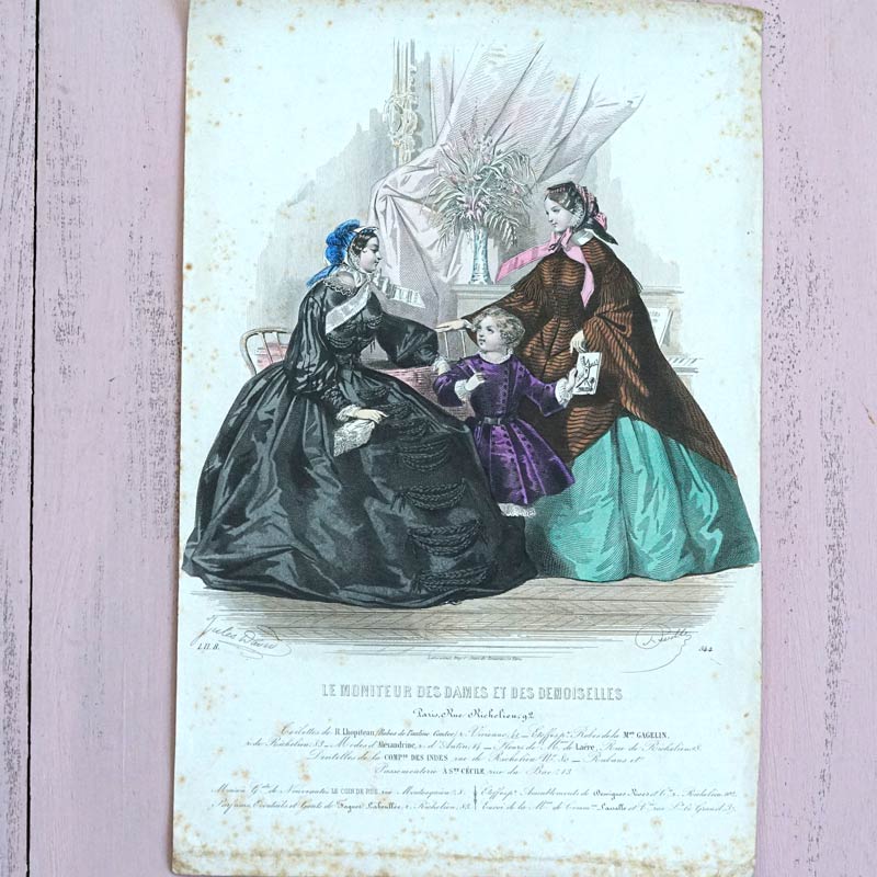 アンティーク版画 19世紀 フランス ファッションプレート 額装手彩色
