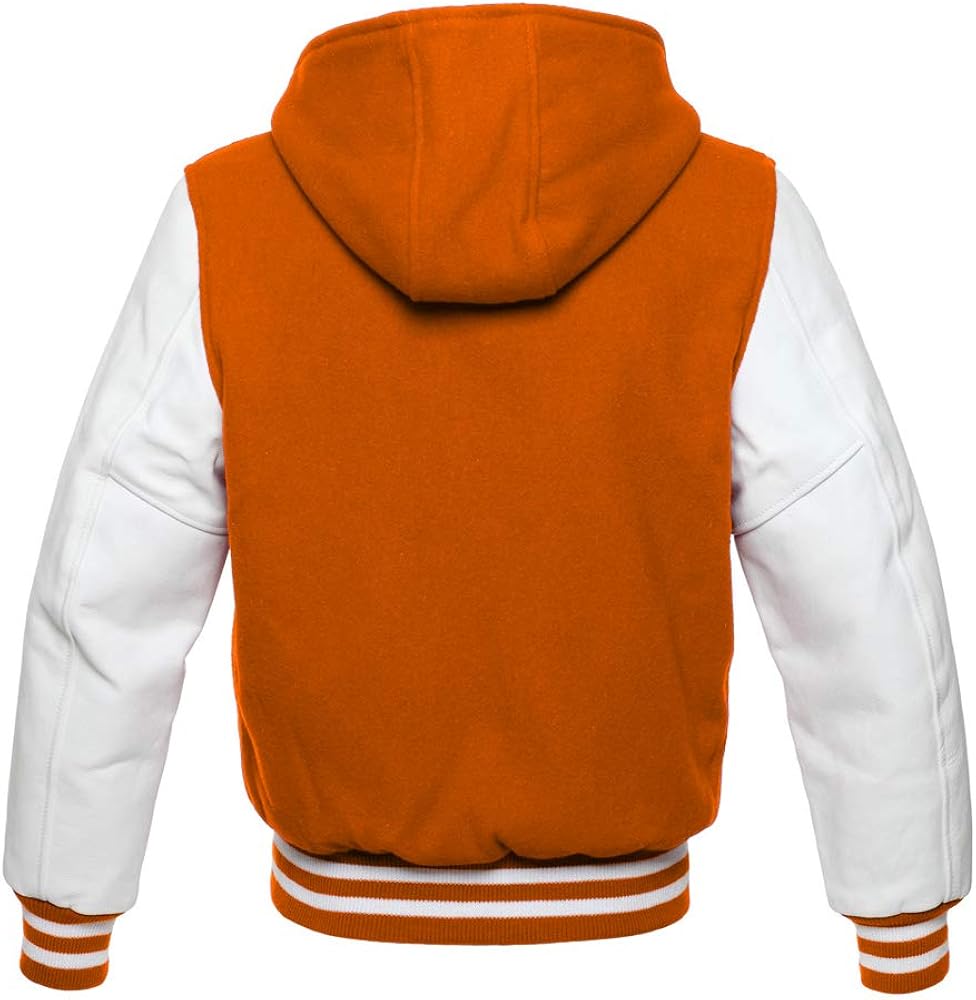 Varsity Orange White Letterman Jacket in Wool Hoodie and Genuine