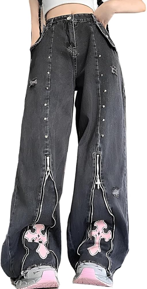 RILGOU Y2K Gothic Grunge Vintage Casual High Waist Loose Straight