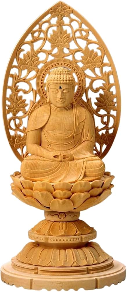 Amazon | 仏像 桧 丸台座(蓮華)座弥陀 唐草光背 金泥有 2.0寸 | ぶつ