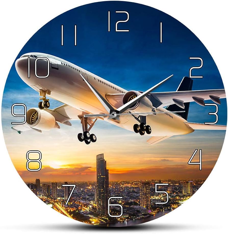 Amazon.co.jp: 飛行機の壁時計エアジェット機が街のスカイラインの壁