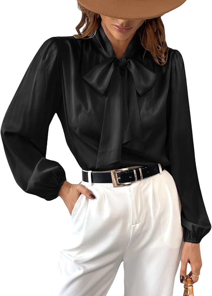 CUPSHE Women's Satin Tops Bow Tie Lantern Long Sleeve Blouses Silk