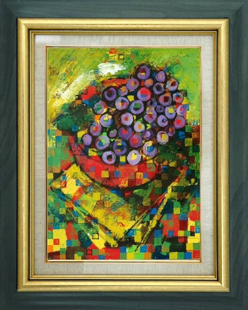 油絵 菅家令子 絵 絵画インテリア 額付(青緑＋金色の枠)F4-070312女性