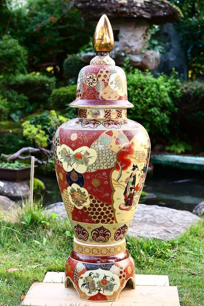 明治時代 薩摩焼「美人図小花瓶」楠部銘 箱付 花瓶 古玩 色絵 花器 古