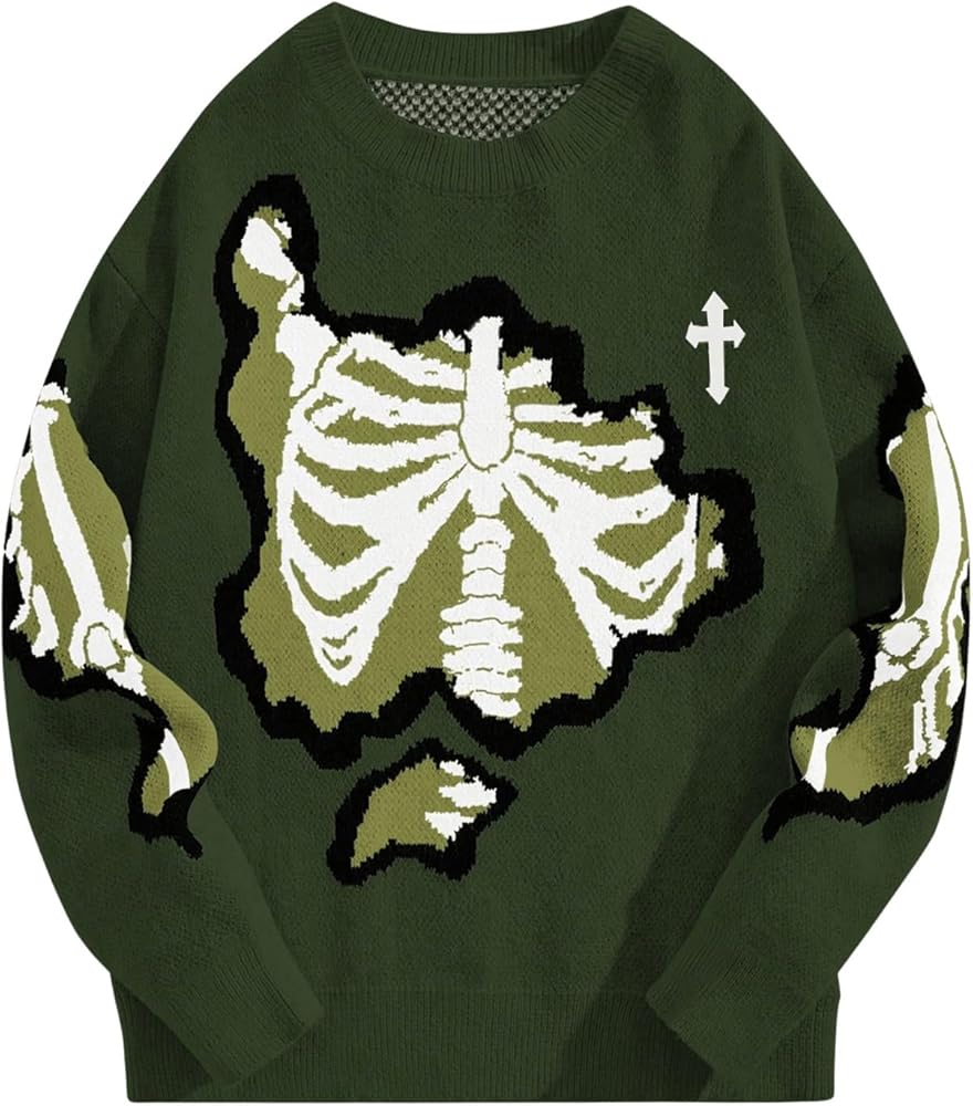 SOLY HUX Men's Y2K Skeleton Sweater Goth Grunge Skull Long Sleeve