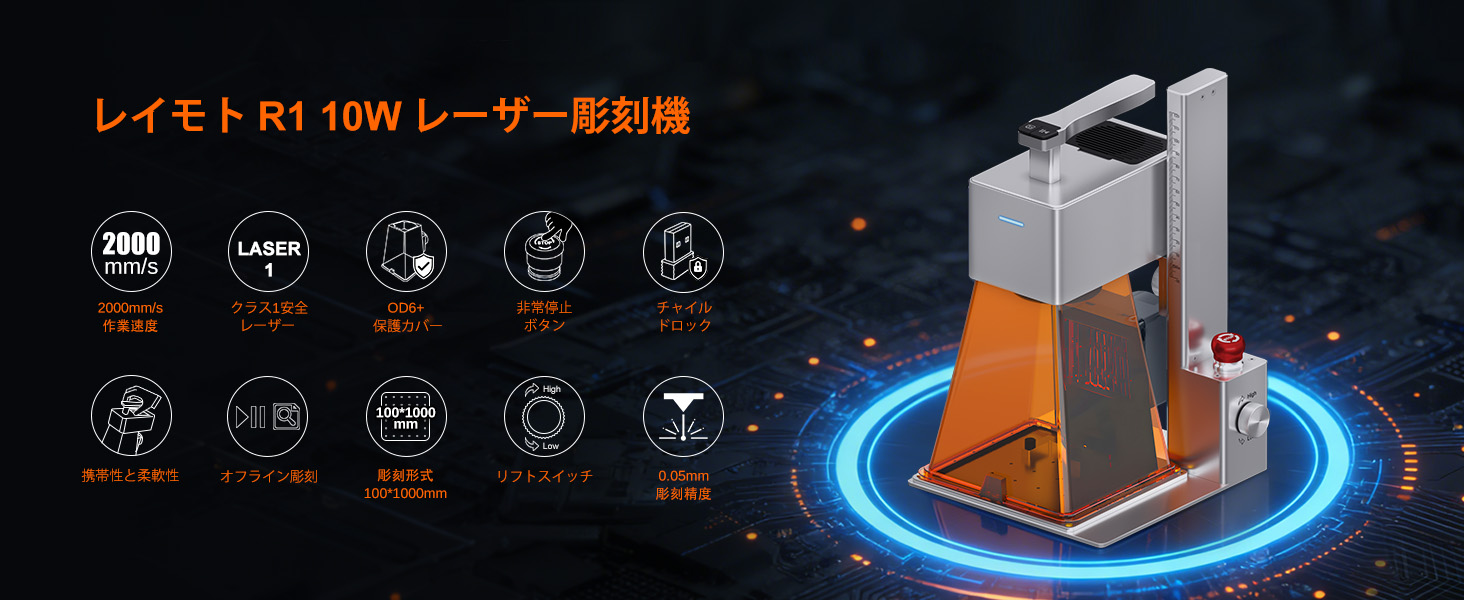 Amazon | R1 10Wレーザー彫刻機、ポータブル小型レーザー彫刻機、0.05
