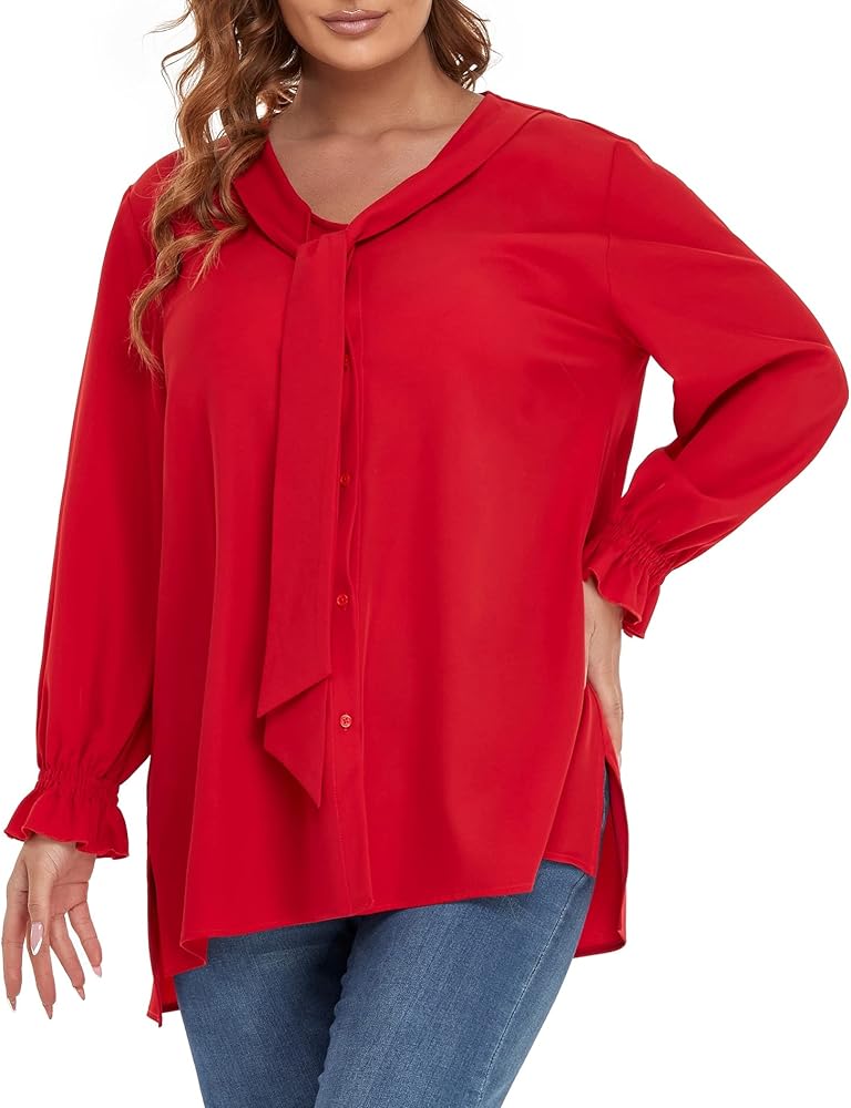 Plus Size Bow Tie Neck Vintage Blouse for Women Button Down Shirts