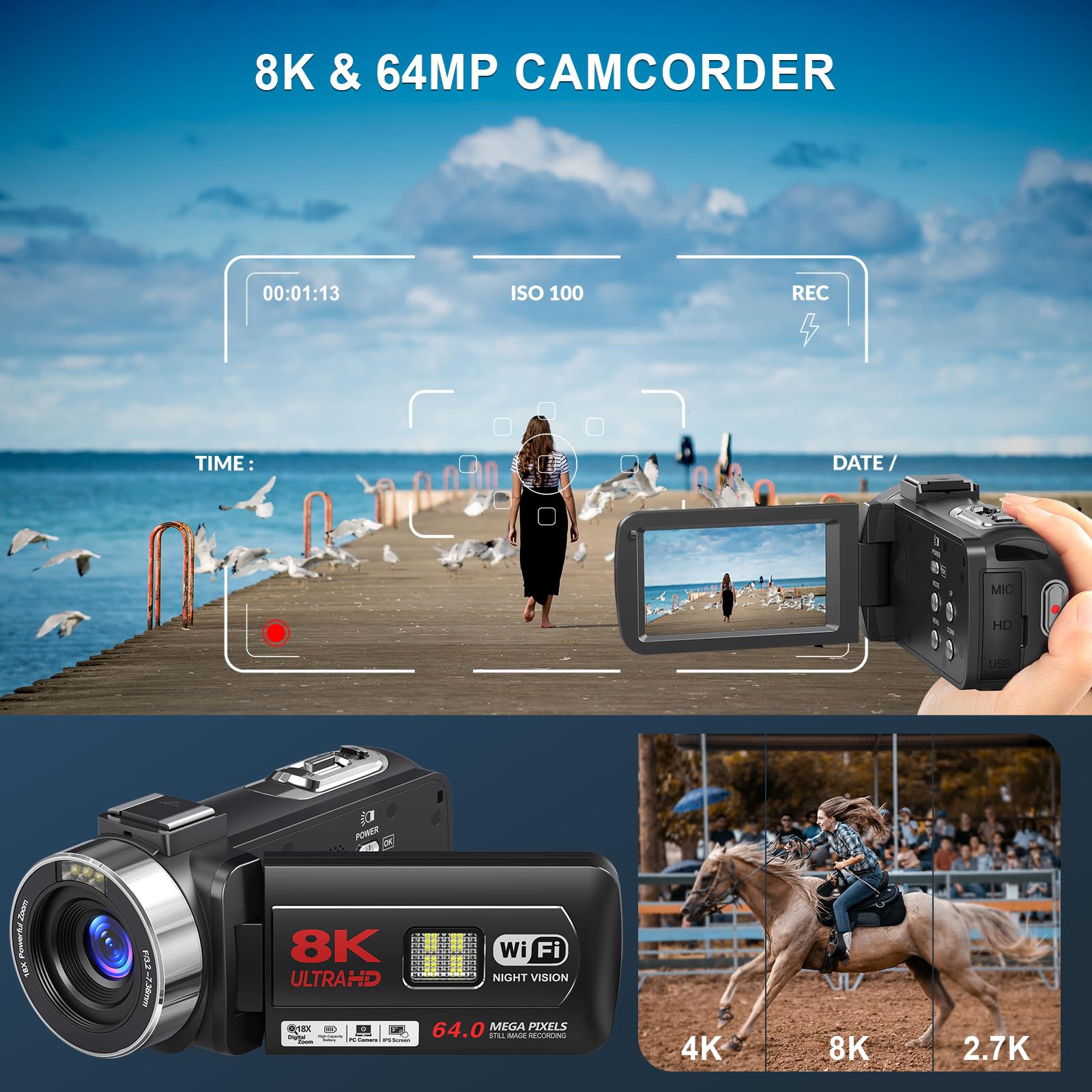 Amazon.com : 8K 64MP Video Camera Camcorder with IR Night Vision