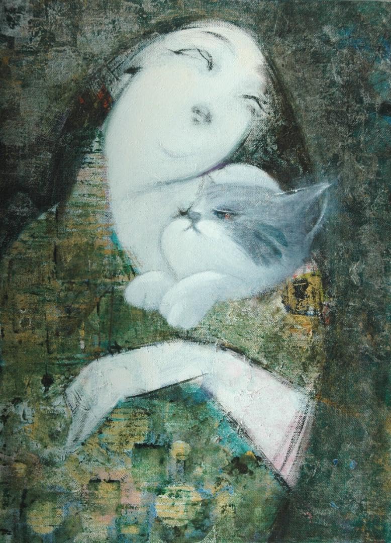 油絵 菅家令子 絵 絵画インテリア額付(白) uF6-071619 子犬と女の子