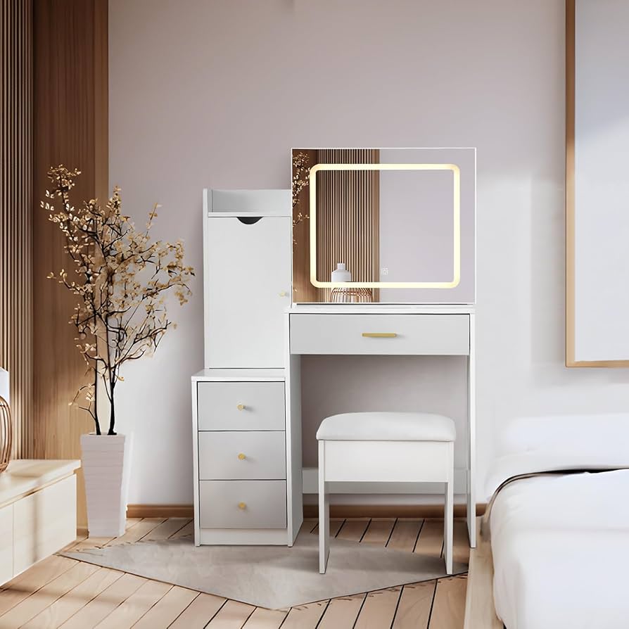 Amazon｜ドレッサー コンパクト 3色LEDライト 大容量収納 スツール付き