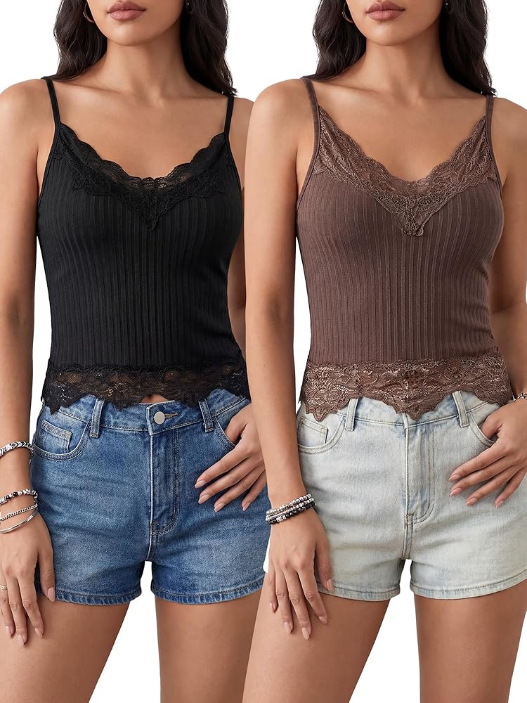 2 Pack Lace Trim Ribbed V Neck Tank Tops for Women, Goth Y2k
