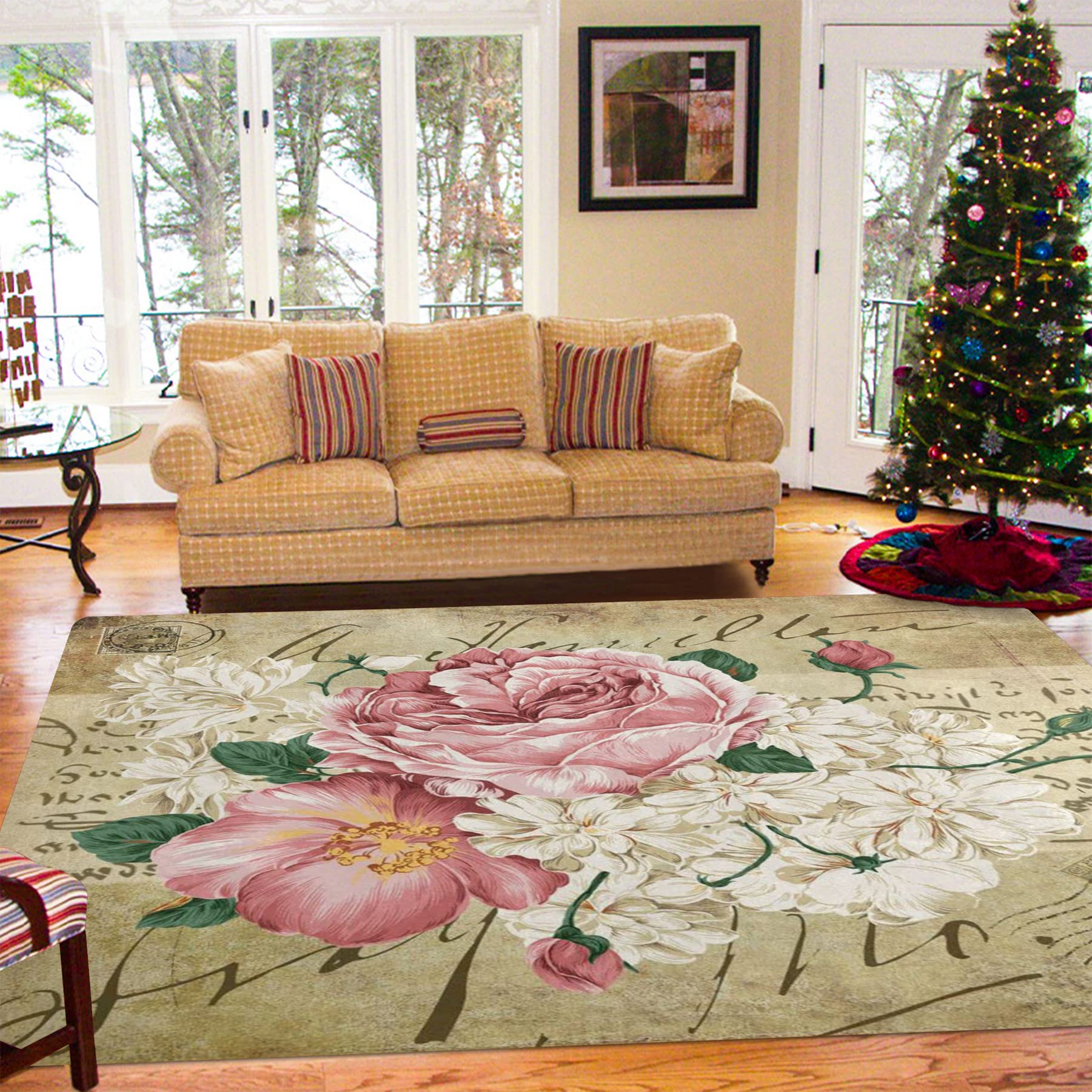 Amazon.com: Oueoty Vintage Shabby Rose Flower Floral Area Rug Rugs