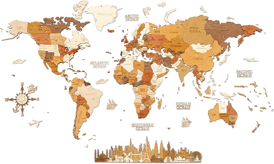 Amazon.co.jp: 68travel 世界地図 木製壁装飾 - 多層、多色ステンド