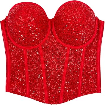 ELLACCI Women's Sexy Sequin Sheer Mesh Bustier Corset Tops Red X