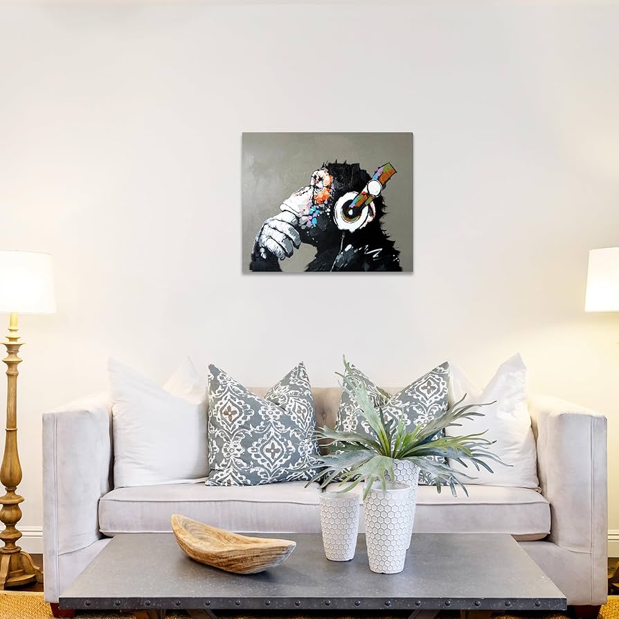 Amazon.co.jp: Fokenzary手書き 絵画 壁掛け油彩画音楽を聴く猿抽象画