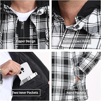 CHEXPEL Men's Plaid Hooded Flannel Shirt Jacket with Quilted Lined