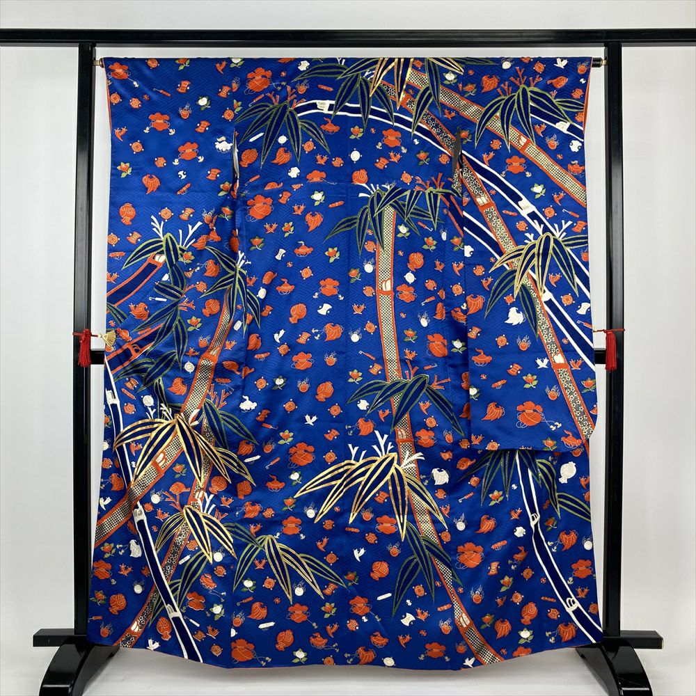 中古）振袖 青 フォーマル 金彩 金駒刺繍 竹 笹 疋田 宝尽くし 袷 M